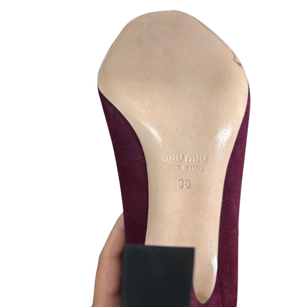 Miu Miu Burgundy Suede Peep-Toe Bow Pumps | Size 38 | Never Worn | Shoe Bag - Picture 4 of 5